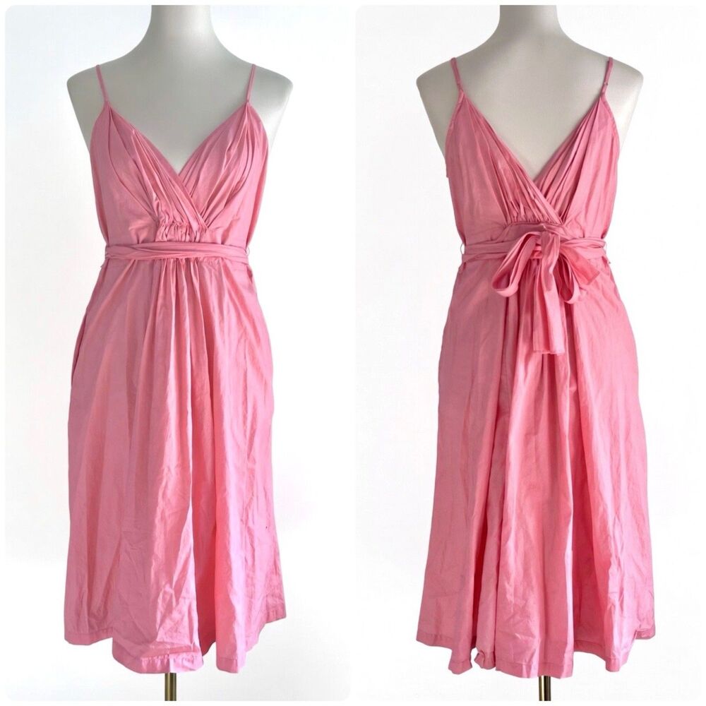 2007 Gap Bright Pink 100% Cotton Poplin Belted Fit & Flare Midi Dress Womens S